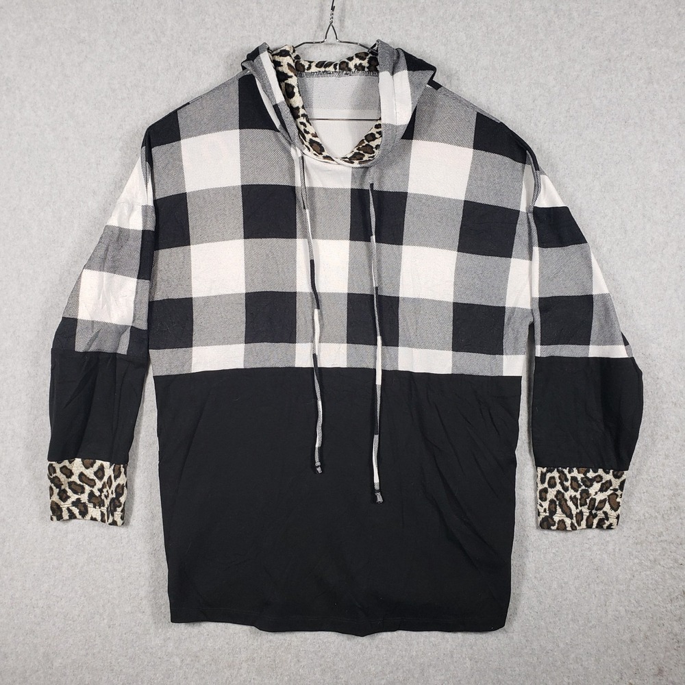 Black White Buffalo Plaid Leopard Trim Cowl Neck Hoodie Tunic Top 2XL Relaxed